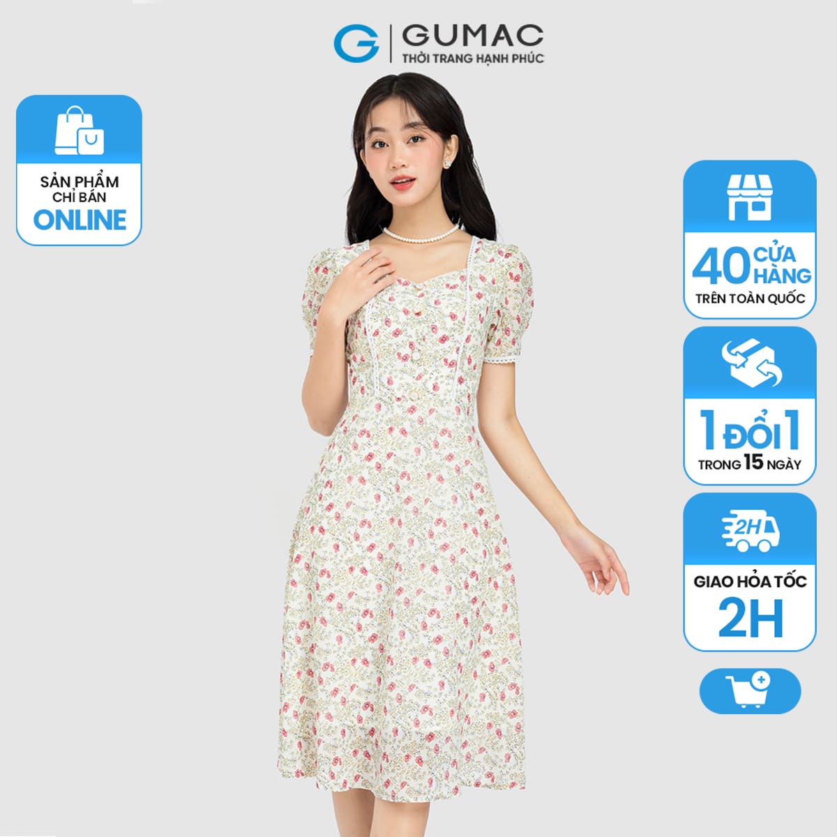 Đầm nữ gumac, đầm hoa viền ren dc08096