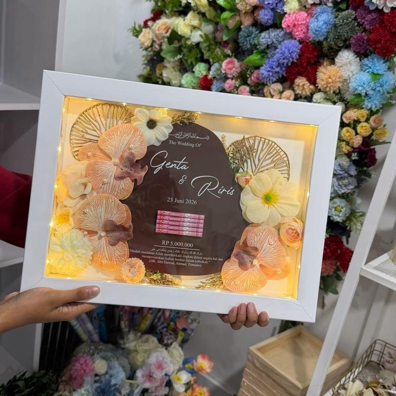 Bingkai mahar pernikahan tetes air kuba oval telur aesthetic anggrek artifical aesthetic akrilik elegan custom free lampu 40 cm x 30 cm dan 30 cm x 25 cm semi resin resinart gunungan wayang BML104 dan SML16
