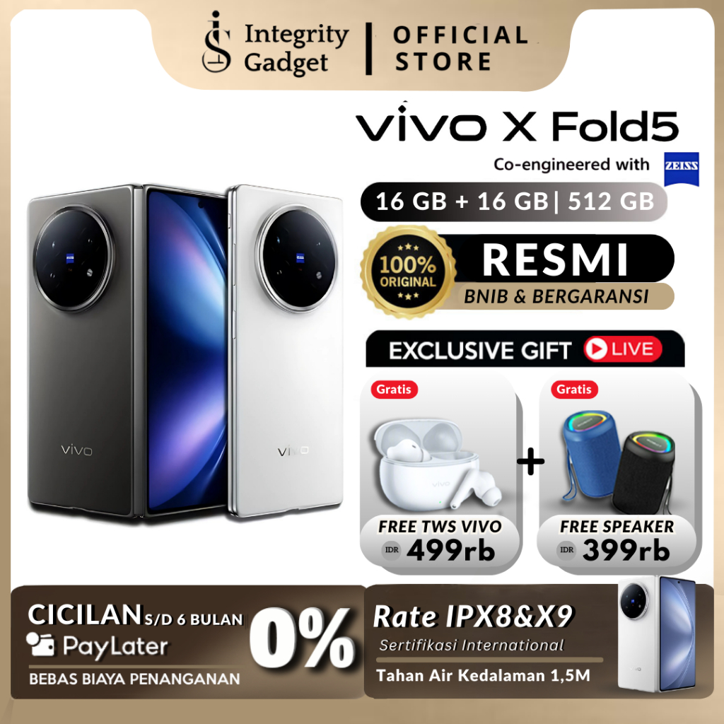 New Vivo X fold 5 RAM 16/512GB official warranty Vivo Indonesia 1 year 2025 foldable phone waterproof Harga 23,999,000 rupiah*Gratis Ongkir