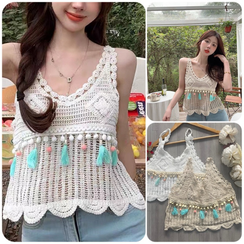 [nhiều mẫu]-Áo sát nách sợi len móc, áo mặc đi biển phong cách Phóng khoáng thời trang mùa hè cho nữ