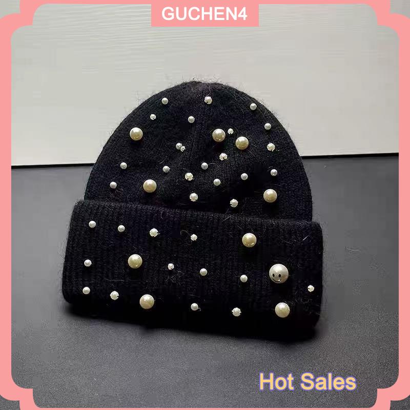 GUCHEN4🎀 Mũ len ngọc trai hạng nặng mùa thu và mùa đông mới mũ dệt kim thời trang ngọc trai bảo vệ tai ấm áp