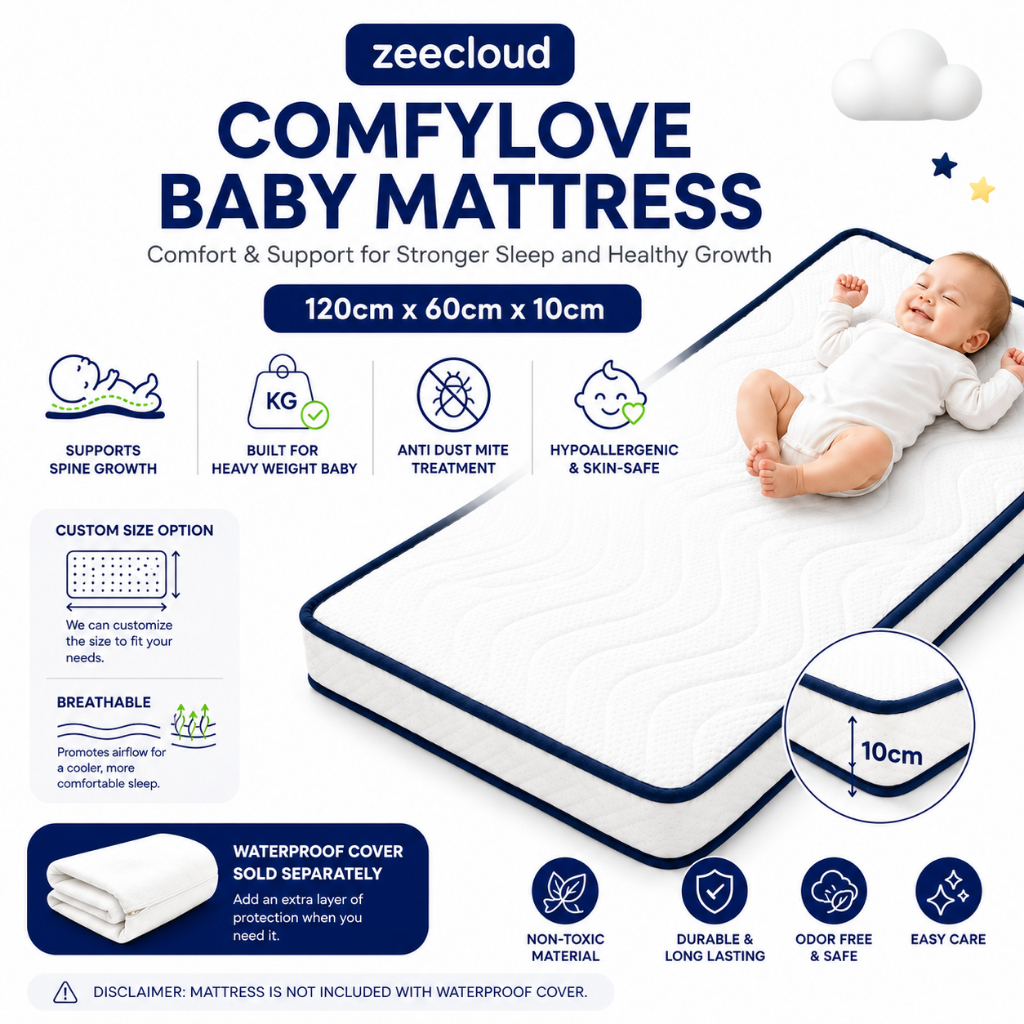 ZEECLOUD® Comfylove Baby Mattress – Medium Firm / Hypoallergenic & Comfortable | Boleh Custom saiz