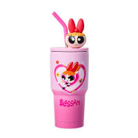 MINISO Official The Powerpuff Girls Stainless Steel Tumbler  with Straw 900mL –Portable Swing Top Flask Holiday  -Friendly Drinkware for Kids & Adults