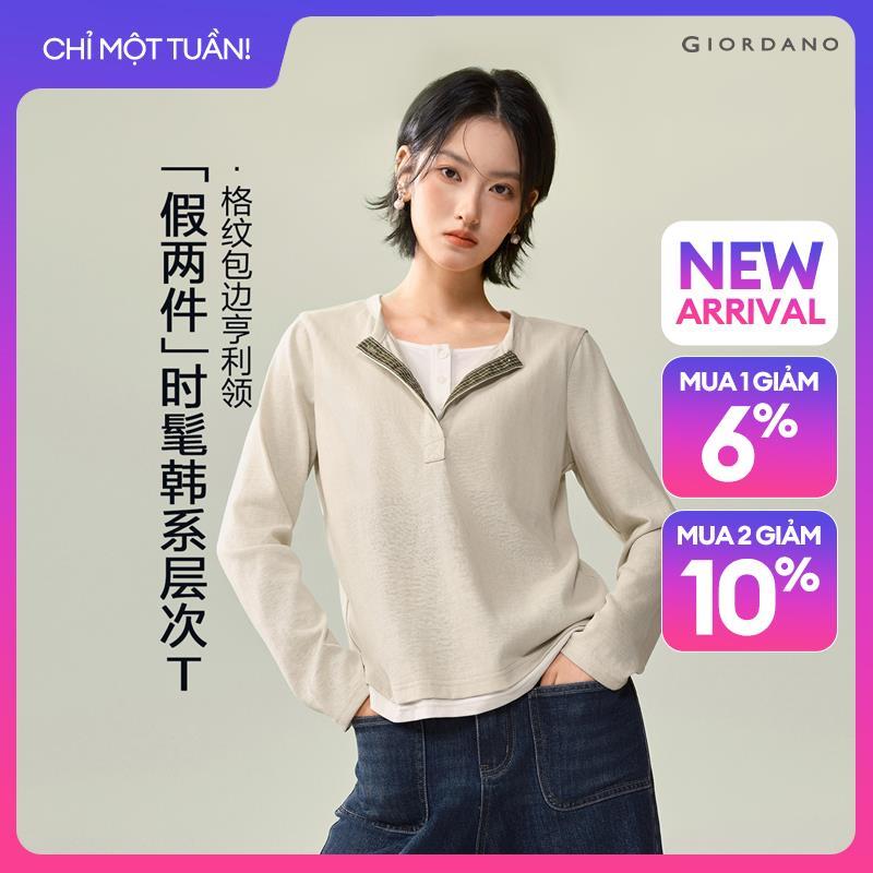 GIORDANO Women T-Shirts Fake Two-Piece Plaid Placket Tee Henley Neck Long Sleeve Fashionable Casual T-Shirts 18326525