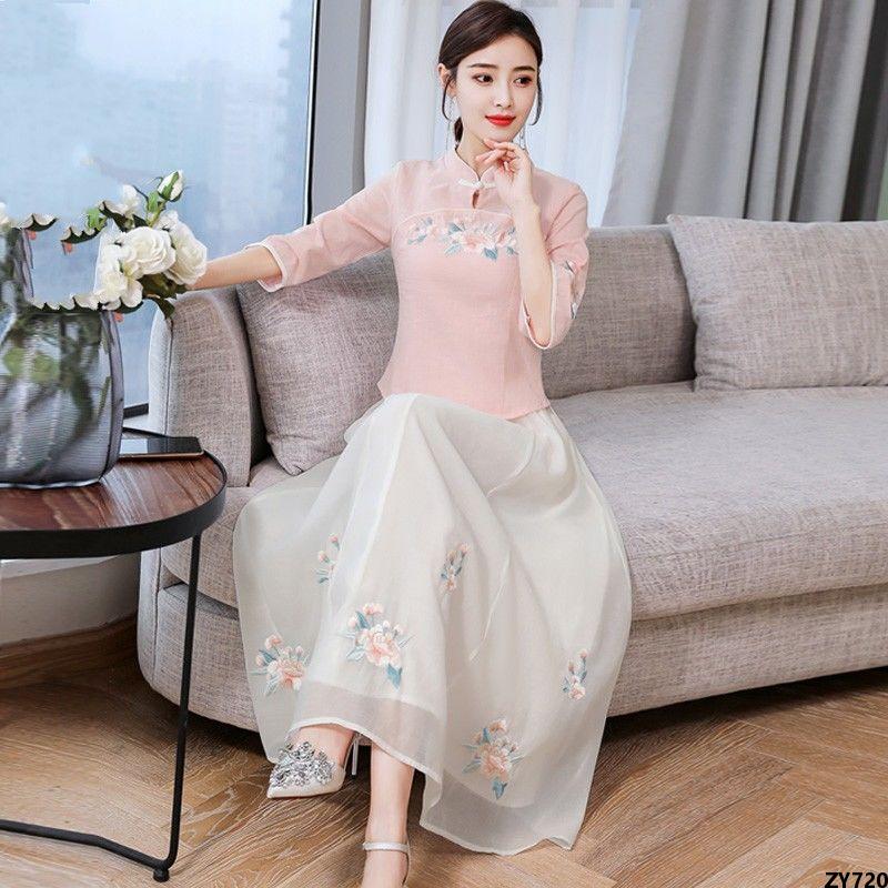 Bộ Hán Phục Thời Trung Hoa Dân Quốc Mẫu Mới Cổ Điển Nữ Kiểu Mới Sườn Xám Cách Tân Thêu Mùa Hè Phong Cách Đơn Bộ Khóa Đĩa
