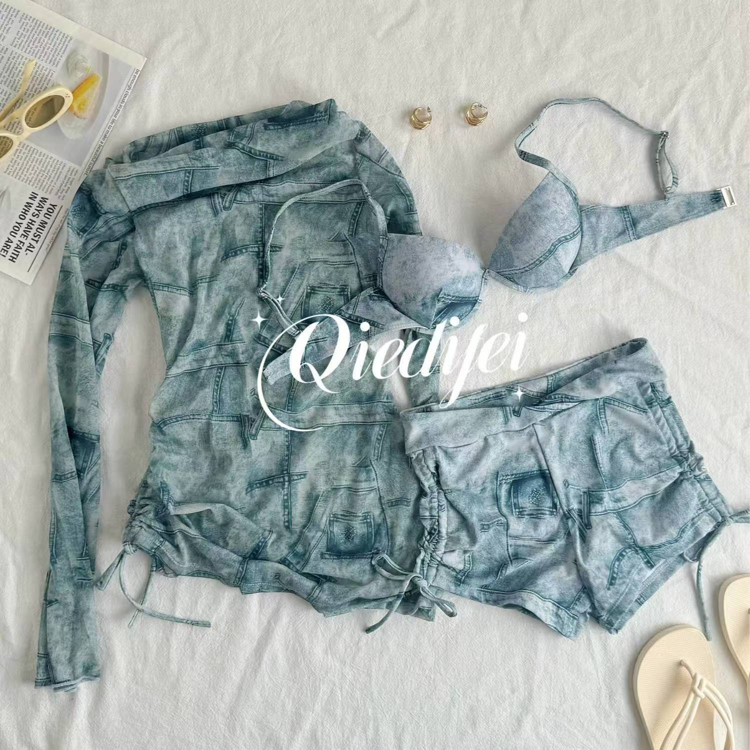 [เทศกาลสงกรานต์]ที่ใส่เหล็กเดนิมรวบรวมเซ็กซี่สีน้ำเงินมัดย้อมแขนยาวอเมริกันขนาดใหญ่แยกชุดว่ายน้ำมุมแบนสามชิ้น Songkran Festival ราคา 606 บาท*ส่งฟรี