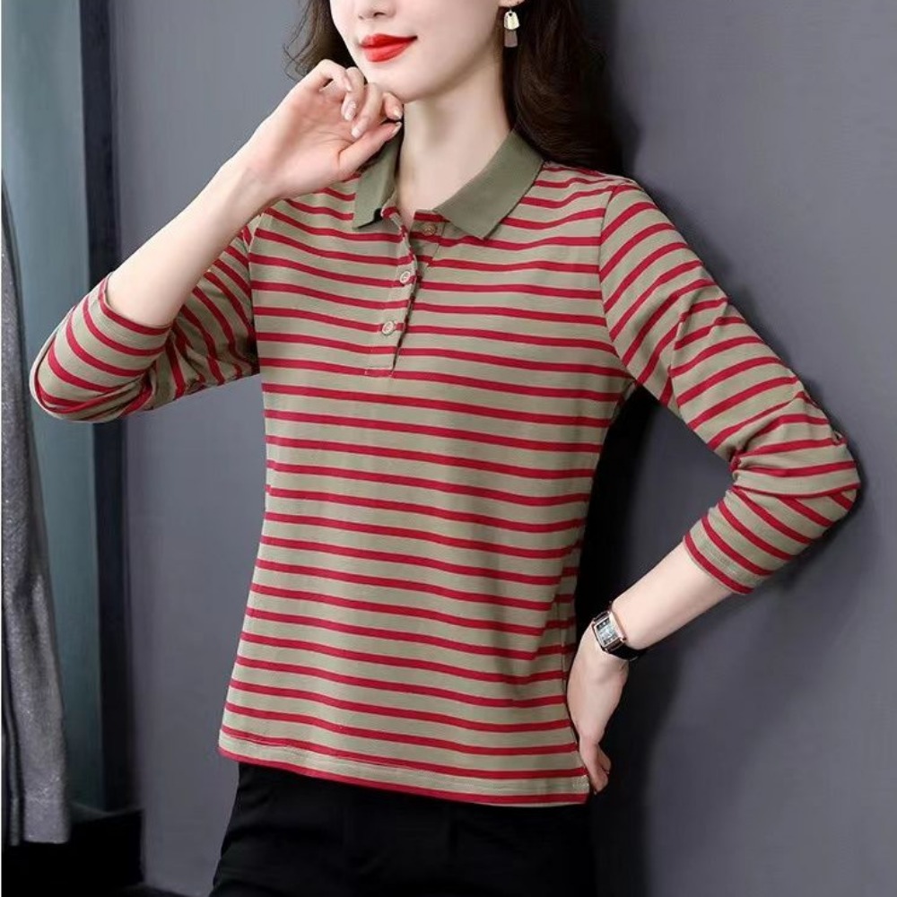 Áo thun dài tay sọc cho nữ cổ polo thời trang