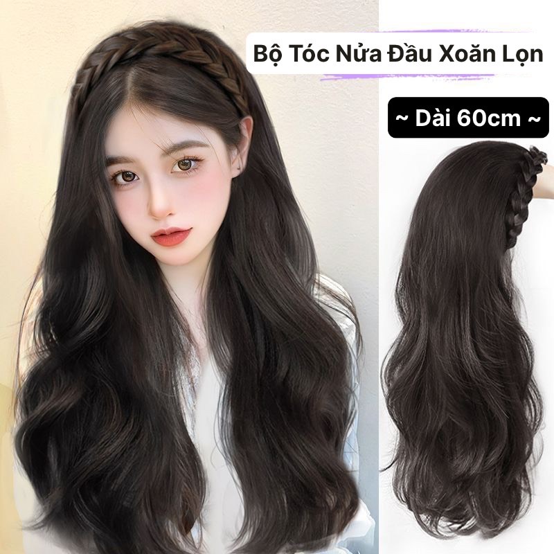Bộ tóc giả nửa đầu xoăn lọn, có gắn bờm tóc giả - tóc giả nửa đầu xoăn lọn dài 60cm qiqishop