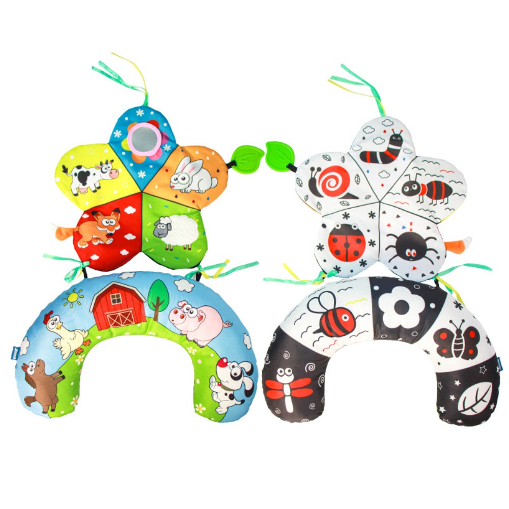 UNIITY with Crinkle Mat Baby Tummy Time Pillow Black and White High Contrast with Mirror Teethers Tummy Time Toys High Quality U-shaped Montessori Sensory Crawling Toy Infant Newborn Toddler