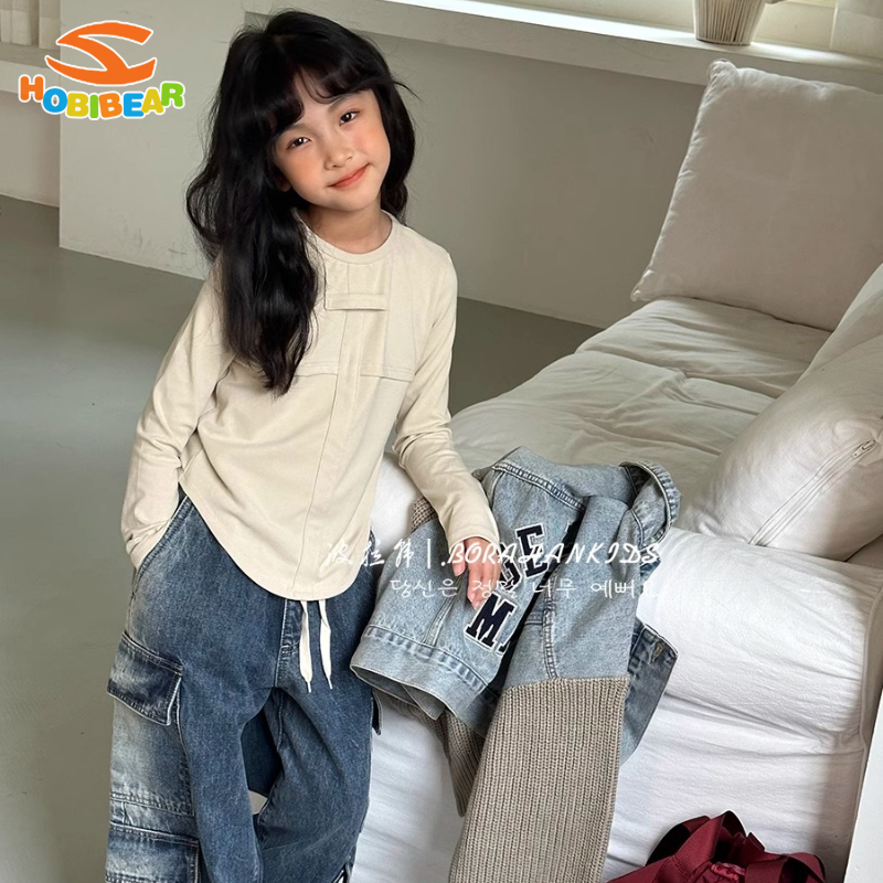 HOBIBEAR Children's long sleeve Korean version slim T-shirt solid color base shirt short top simple ราคา 145 บาท*ส่งฟรี