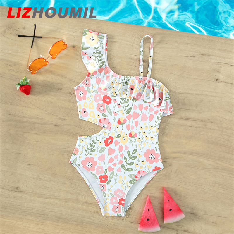 LIZHOUMIL Infant Girl Bathing Suit One Shoulder Leotard Swimsuit Floral Patterns Ruffle Baby Girl Swimsuit Swimwear Hallow Out Waist Baby Bathing Suit For Swimming Training ราคา 165 บาท*ส่งฟรี