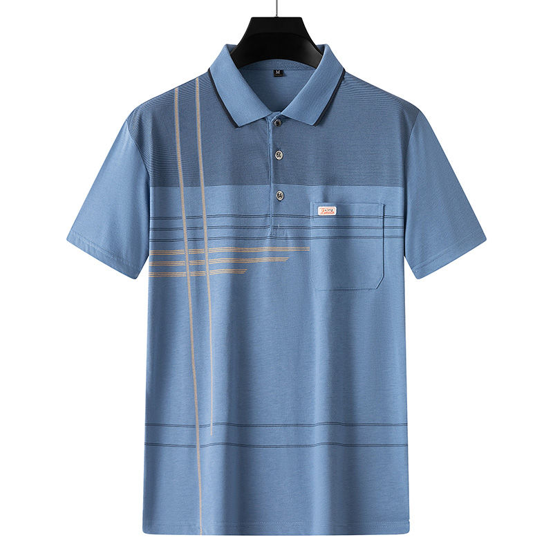  2025 Áo phông mùa hè mới của nam giới trung niên sọc Lụa băng ánh sáng bông T-Shirt lỏng lẻo của cha polo Áo sơ mi 