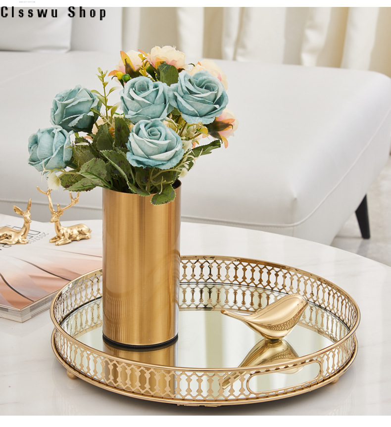 European-style cylindrical metal electroplated vase ornaments living room model room golden iron flower arrangement light luxury soft decoration