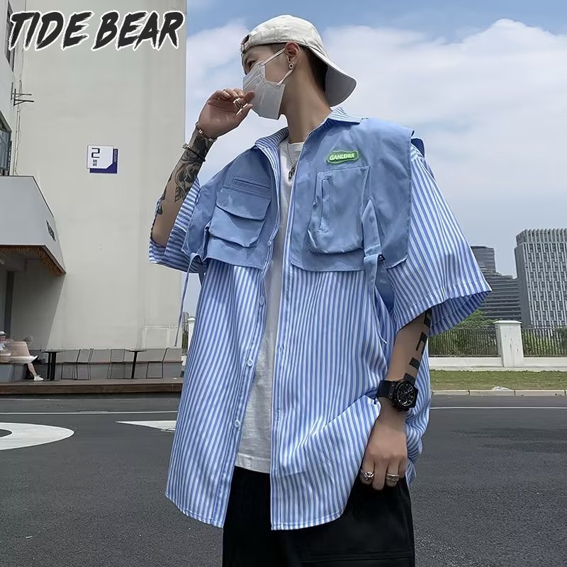  TIDE BEAR Áo somi nam tay ngắn-Áo sơ mi nam giản dị thiết kế cảm giác ngắn tay cao cấp áo khoác áo rộng xanh dương và trắng áo sọc 