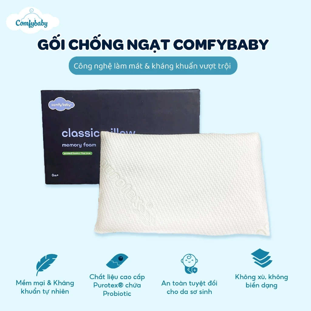 Gối Sơ Sinh Chống Ngạt ComfyBaby: Purotex Thoáng Khí, Mát Gáy Vỏ Gối Bamboo Cho Trẻ 0–36 tháng