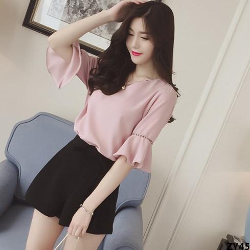 Áo blouse chiffon tay loe, mặt dây chuyền rỗng tươi, áo ngọc trai lá sen, tay ngắn mùa hè
