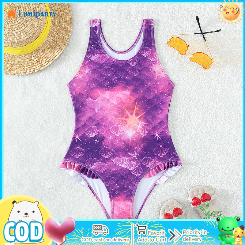 Toddler Girls Leotard Swimwear Fish Scales And Shells Patterns Swimsuit Round Neck Summer Bathing Suit Infant Baby Girl Bikini Swimsuit Set For Outdoor ราคา 180 บาท*ส่งฟรี