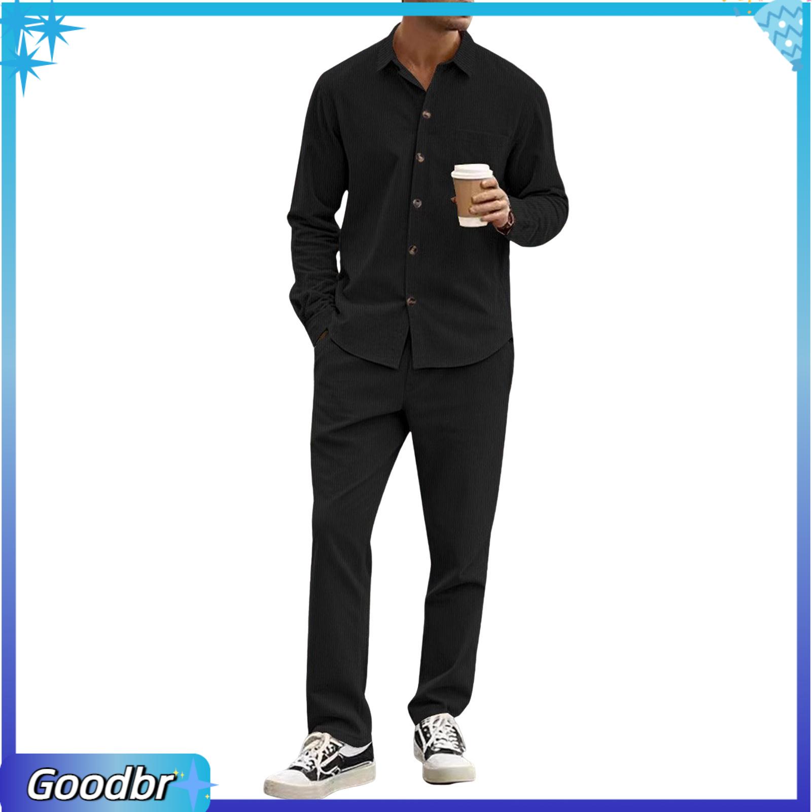 Goodbro áo rộng quần thiết lập giản dị Bộ suit sơ mi nhung kẻ nam và quần thiết lập-doanh nhân cổ điển giản dị 2-mảnh trang phục cho Xuân Thu hoàn hảo hàng ngày trang phục công sở và thoải mái phù hợp với