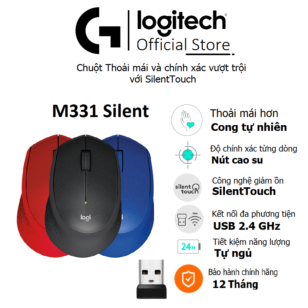 Chuột logitech m330 silent plus - giảm ồn, kết nối usb, thuận tay phải, pc/ laptop