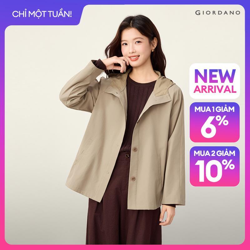 GIORDANO Women Jackets Raglan Sleeve Hooded Trench Jackets Button Closure Fashionable Casual Relaxed Jackets 13376777