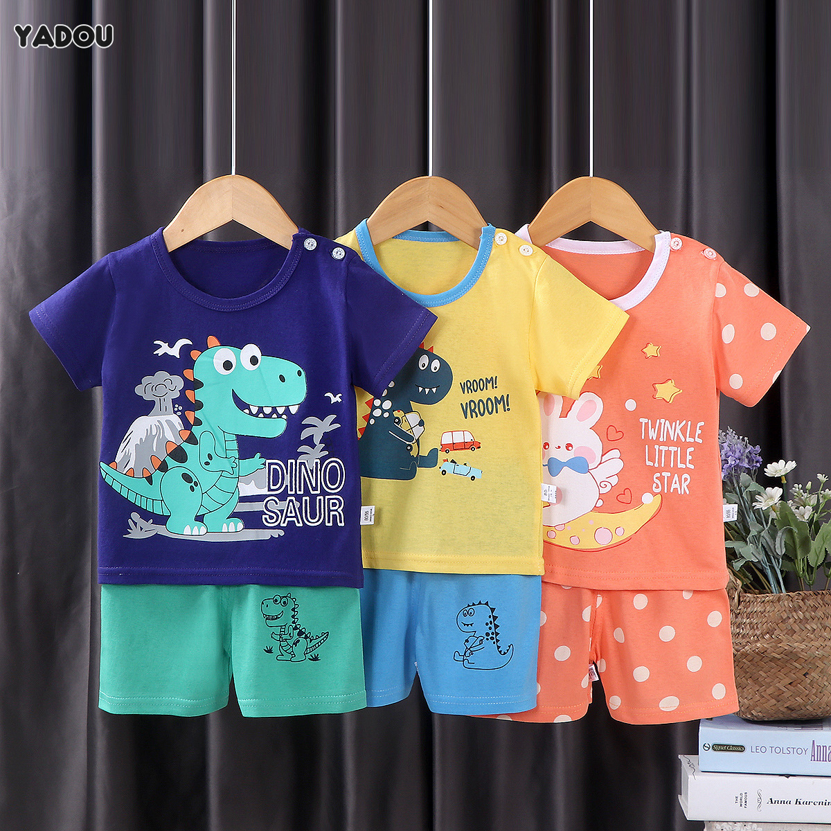 YADOU children's suits pure cotton girls summer clothes boys t-shirt baby clothes tops + shorts children's clothes ราคา 122 บาท*ส่งฟรี