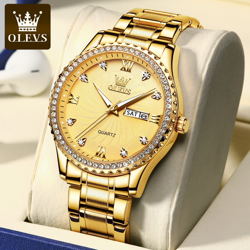 ✨[HOT ITEM ]✨ Factory Outlet Oli Diamond Gold Watch Calendar 3-Pin Luminous Waterproof Quartz Watch Men's Watch Men's Watch new