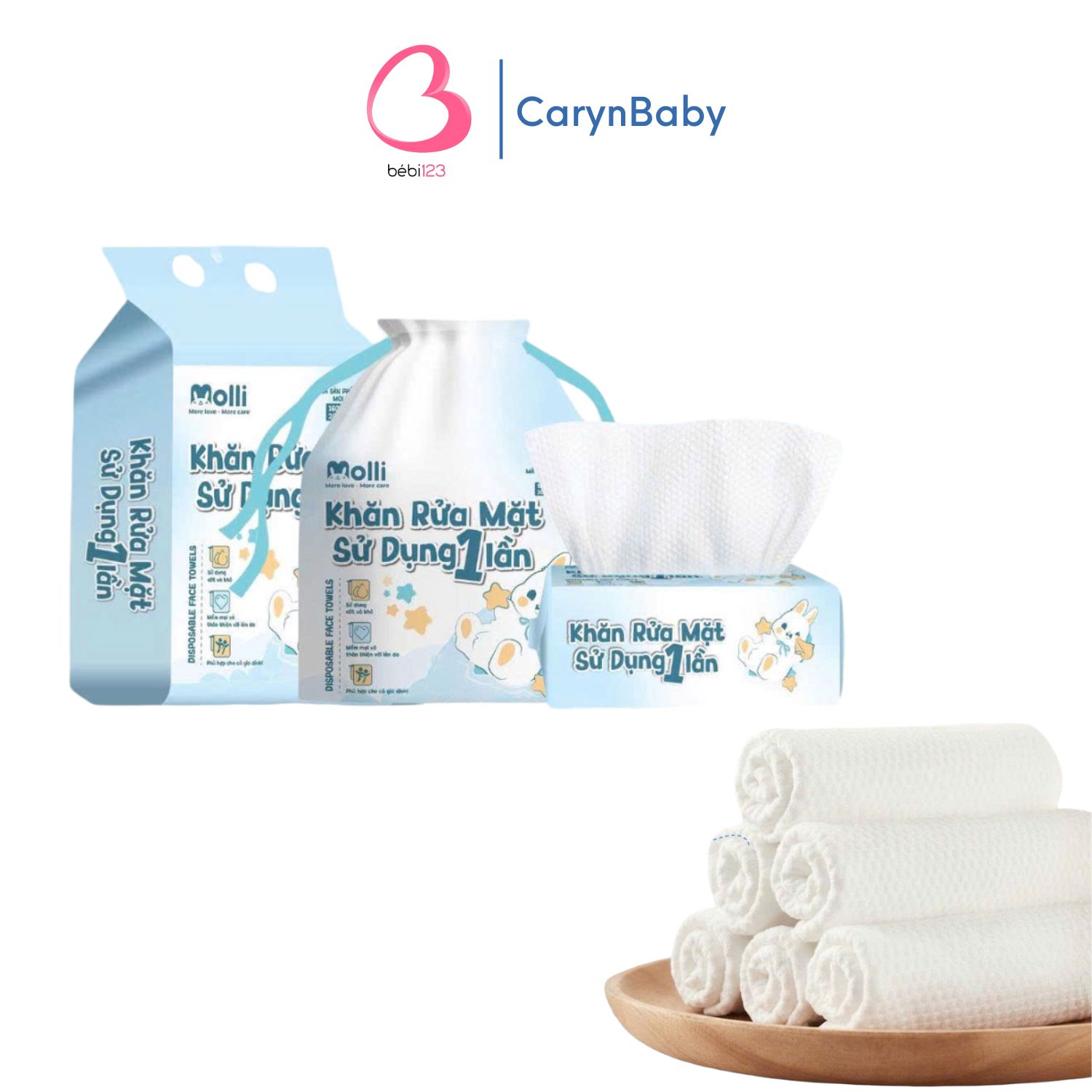 Khăn Rửa Mặt Dùng Một Lần Molli, Khăn Đa Năng Sợi Thực Vật Tự Nhiên Cao Cấp, Mềm Mại An Toàn Cho Bé và Mẹ Bebi123