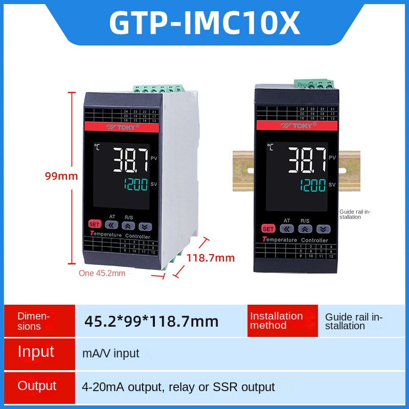GTP-MC18X Bộ Điều Khiển Nhiệt Độ Thông Minh TOKY in ma/V out : relay, SSR, AL: 2 out, RS485, 24V | Tùy chọn - GTP-MC10/MC18 | 4 Kênh Rail DIN | Chống Nhiễu Mạnh | Hiển Thị LCD