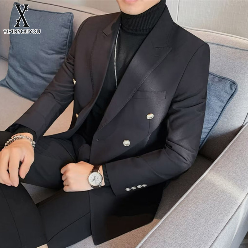 YIPINYOUYOU丨Áo Blazer Nam-Áo Blazer thường ngày hai hàng cúc mùa xuân và mùa thu Nam Bộ đồ nam dáng ôm hợp thời trang com-lê công sở Anh cao cấp