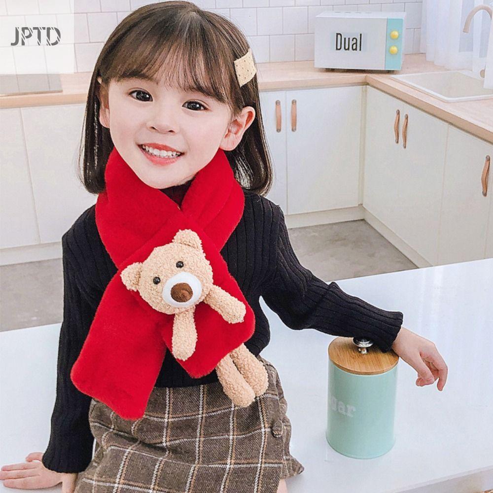 JPTD Chữ Thập Khăn quàng cổ trẻ em Khăn choàng cổ Lông thỏ giả Khăn quàng cổ mùa đông cho trẻ em Thời trang Gấu Ấm cổ trẻ em Trẻ em/bé gái
