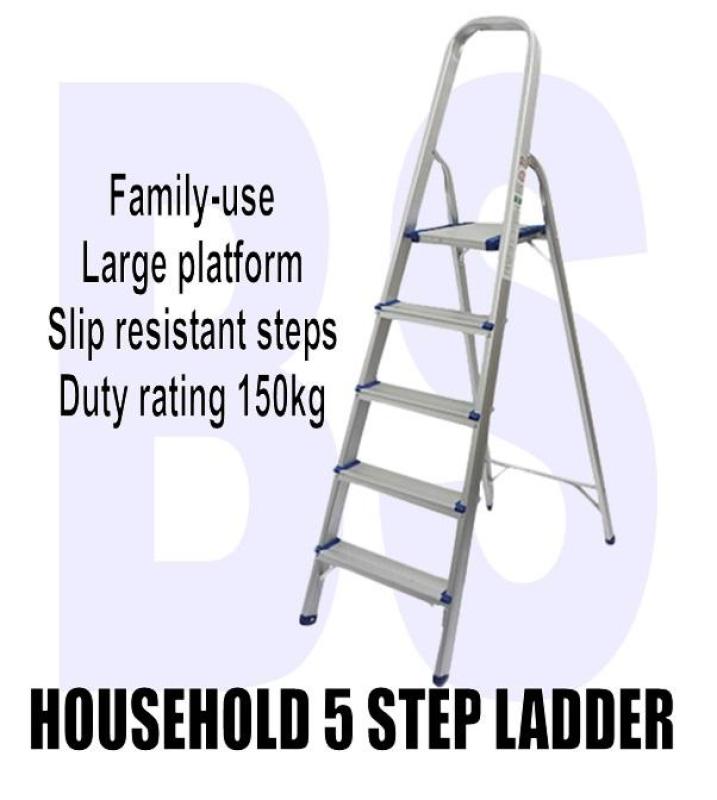 BANSOON 5 Steps household ladder / home ladder / family ladder / platform ladder / aluminium / maximum working load 150kg / slip resistant rubber base / office ladder / general purpose