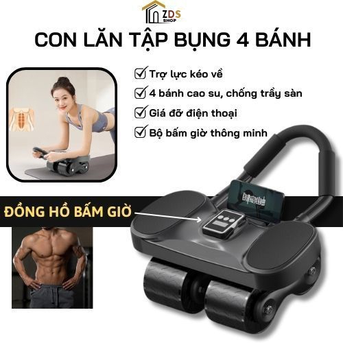 Con Lăn Tập Bụng Trợ Lực 4 Bánh Chống Đổ Có Đồng Hồ Dụng Cụ Plank Tại Nhà Thế Hệ Mới 2024 Tặng Kèm Thảm Kê Chân