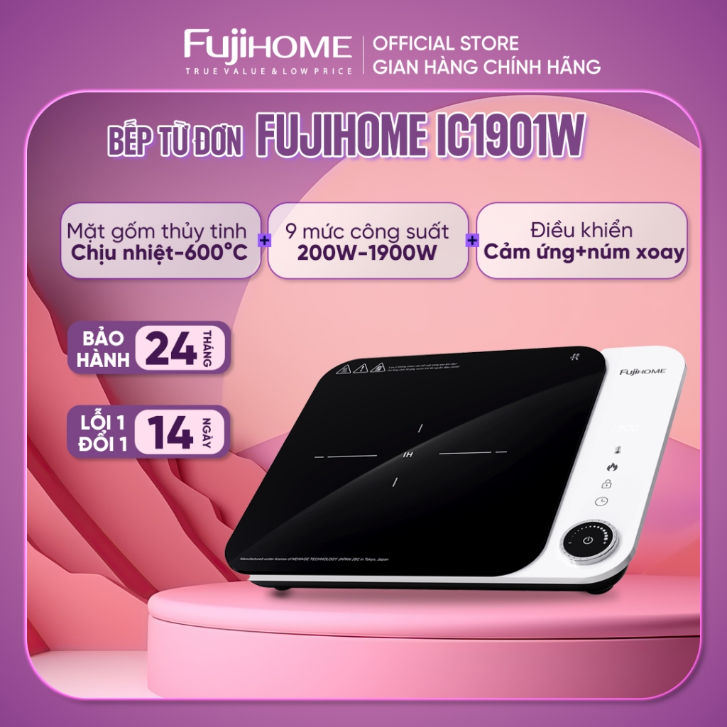 Bếp từ đơn 9 mức công suất 1900W Fujihome IC1901W Nhập Khẩu, bếp từ mini điều khiển cảm ứng+ núm xoay mặt kính cao cấp