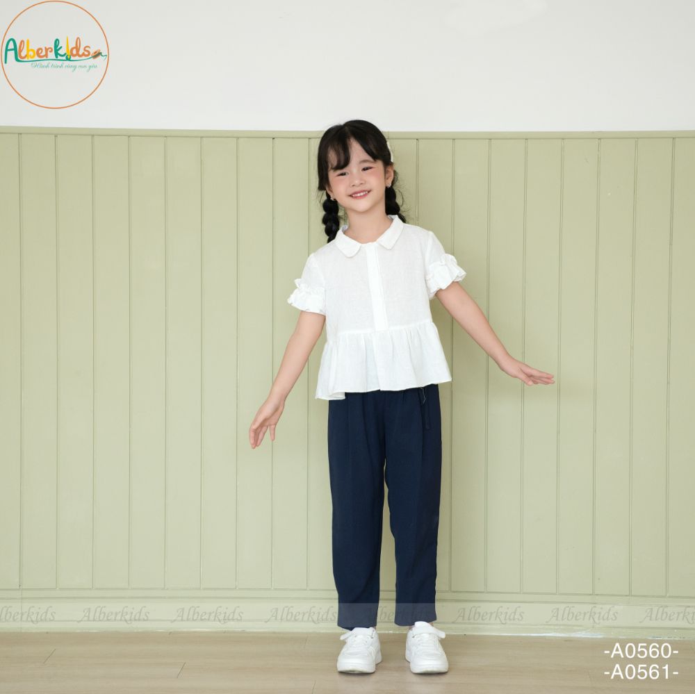 Áo Quần bé gái ALBERKIDS quần dài bé gái baggy thắt nơ 2 màu ĐEN XANH ĐEN áo trắng cho trẻ em 5-12 t