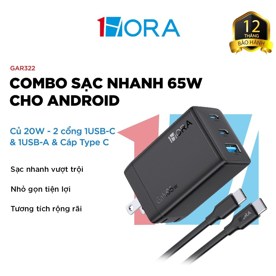 Bộ Sạc Nhanh 1HORA GAR322 Củ 65W - 3 cổng 2USB-C & 1USB-A - Cáp Type C Dài 2m - Chính Hãng