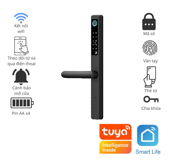 Khóa vân tay thông minh Wifi Tuya A5 Tuya - Phù hợp cửa nhôm Xingfa