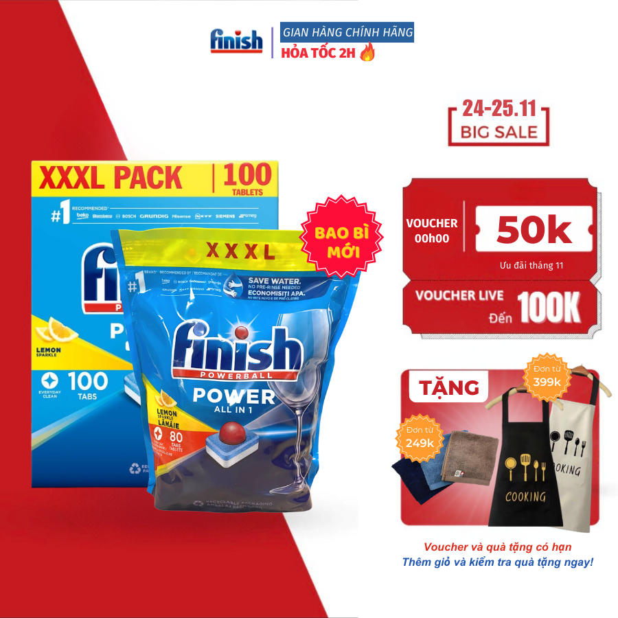 Viên rửa bát Finish All in 1 Max size 48 viên/ 80 viên, làm sạch mạnh mẽ, loại bỏ dầu mỡ, bảo vệ máy khỏi cặn vôi