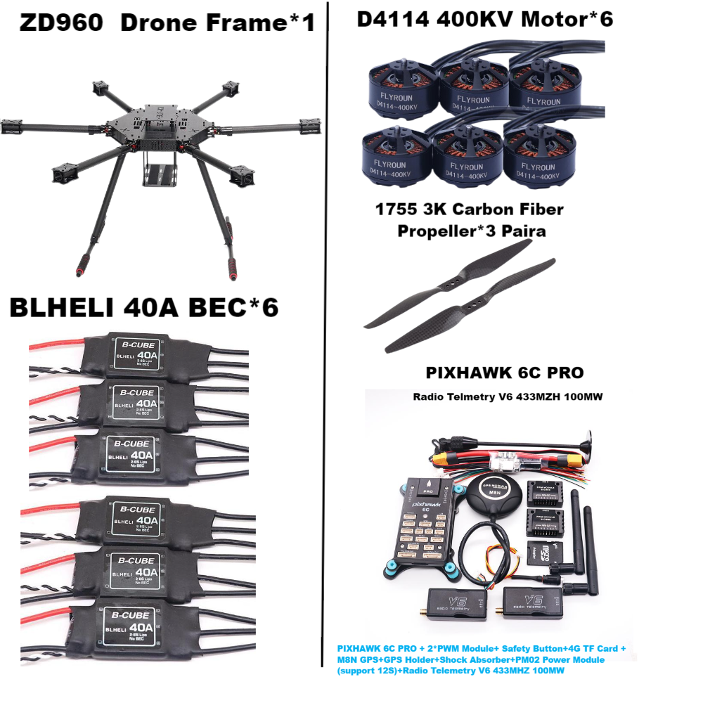 ของเล่นและของสะสม B-CUBE FPV zd960 Pixhawk 6C Pro m8n m9n M10 คาร์บอนไฟเบอร์ hexa-rotor กรอบ blheli 40A ESC เที่ยวบิน comtrol Rado telemetry ชุด