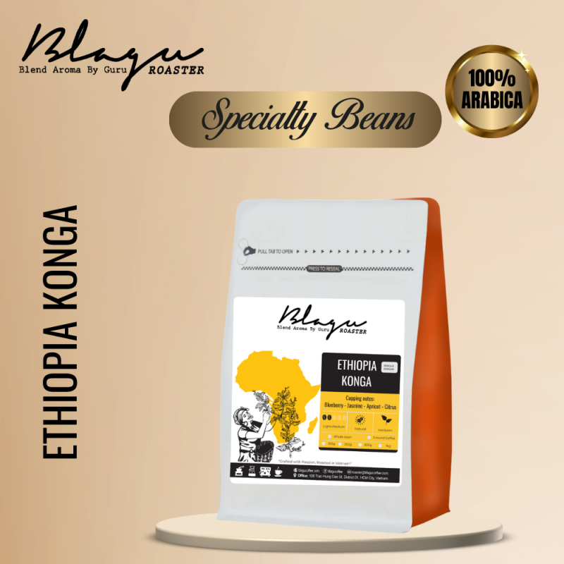 Cà Phê Blagu Hạt Đã Rang Ethiopia N. Konga - Light- Medium Roat - 250G