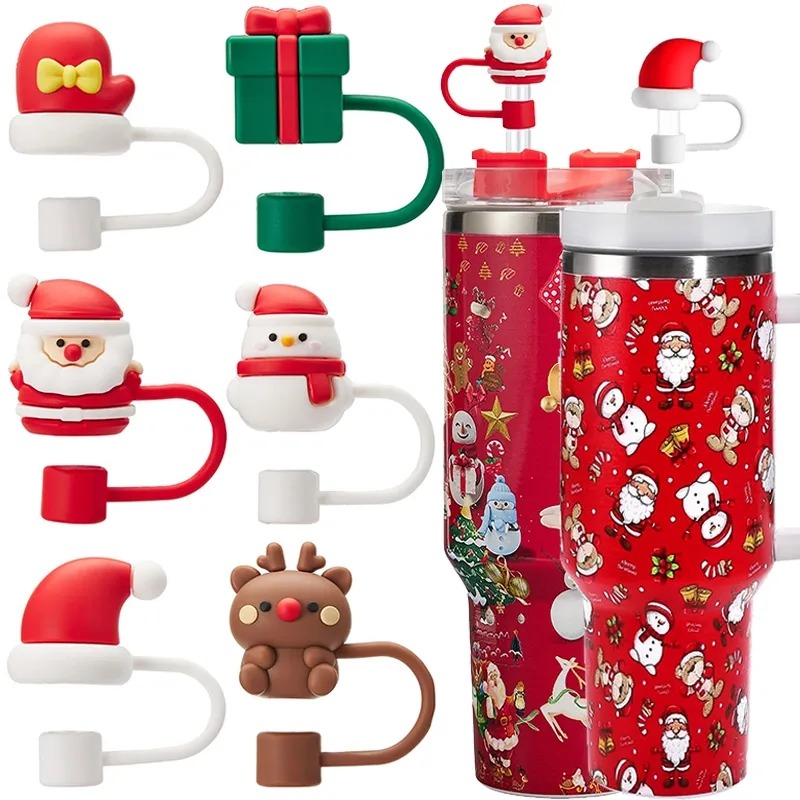 VIVOLILV Christmas Straw Covers Cute Santa Snowman Silicone Straw Plug Tips Cover Reusable Dust-proof Cup Cap Home Party Decor ราคา 7 บาท*ส่งฟรี