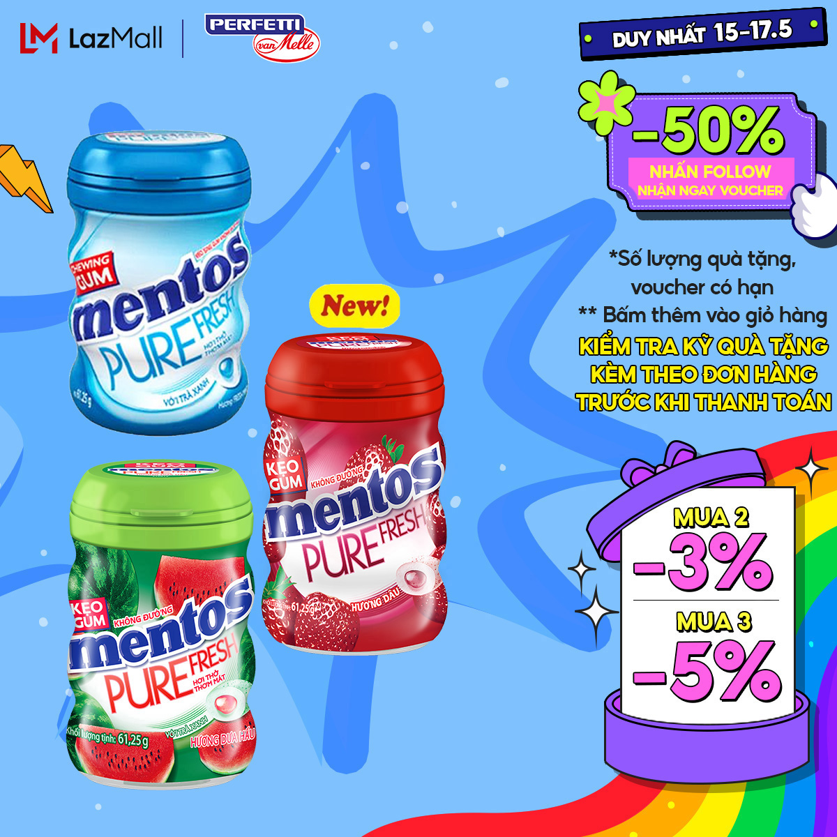 Kẹo Gum Mentos Pure Fresh Hương Bạc Hà Hộp 6 hũ