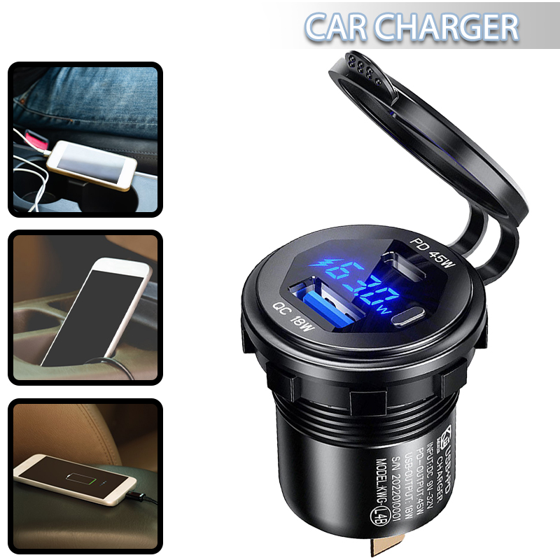 Bokali Qc3.0 Cổng USB kép sạc xe hơi nhanh ổ cắm điện vôn kế đèn LED không thấm nước 12V