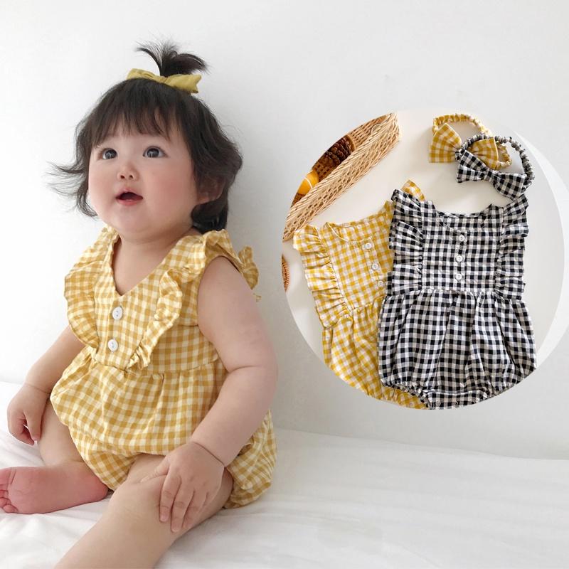 Áo liền quần kẻ không tay cho bé gái + Headband Bộ áo liền quần sơ sinh quần áo trẻ em mùa hè trẻ sơ sinh