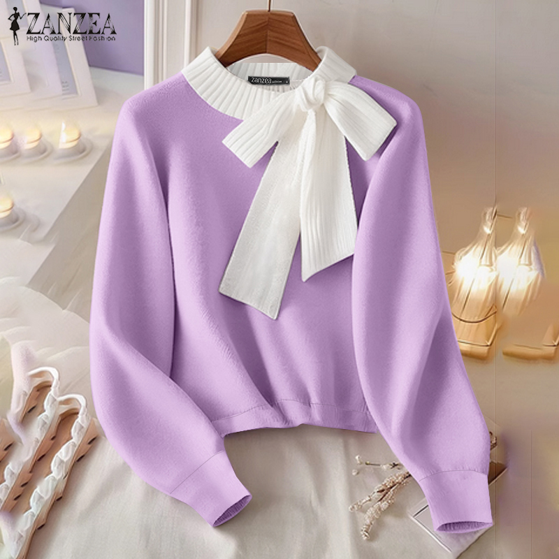 ZANZEA Women Elegant Bowknot Collar Contrast Sweater Office Ladies Long Sleeve Loose Jumpers #0120