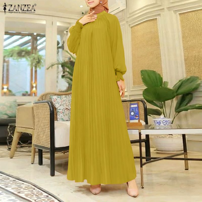 Celmia ZANZEA hồi giáo phụ nữ hồi giáo thời trang dạo phố thanh lịch váy tay áo phồng xếp li đa năng váy màu đồng nhất #1013