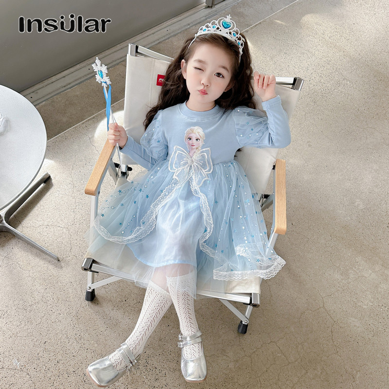 Insular Váy Cô Gái Váy công chúa Elsa đông lạnh váy lưới cotton Váy elsa trẻ em