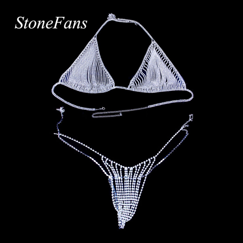 Stonefans Rhinestone trang sức cơ thể Bralette Chuỗi Đồ Lót Cho Phụ Nữ Hollow Thân Pha Lê bikini buộc dây Thong trang sức đi tiệc