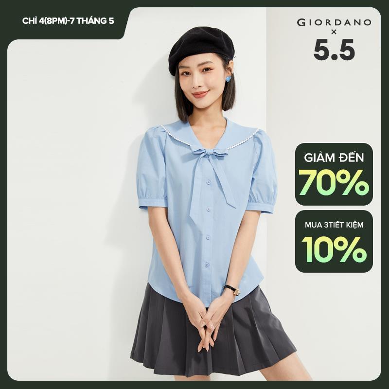GIORDANO Nữ Áo Sơ Mi 100% Cotton Nơ Thủy Thủ Cổ Ngọt Ngào Nữ Tính Áo Kiểu Nữ Tay Ngắn Mùa Hè Thời Tr