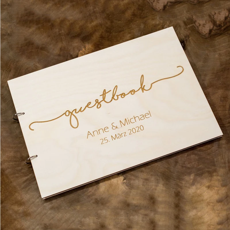 Personalized Wedding Guest Book Wood Sign-in Book, Modern Guest Book Customizable Wood Guest Book Laser Engraved Wedding Book