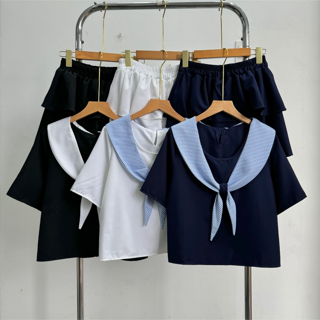 Set bộ nữ thời trang áo sơ mi tay ngắn kiểu thủy thủ kèm chân váy dập ly 2 tầng có lót trong Bigsize  50-95kg - SET834
